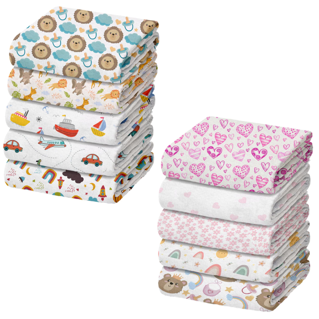 Pacote com 5 Fraldas de Pano de Luxo Marca Minasrey Estampada para Bebês e Recém-Nascidos