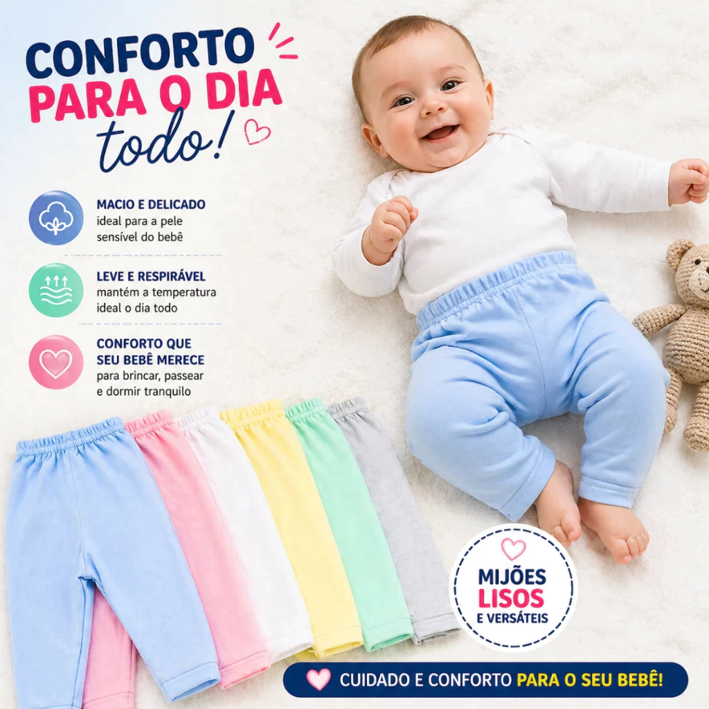 10 Unidades Mijão Infantil Calça Bebê Sem Pé Cores Lisas - M