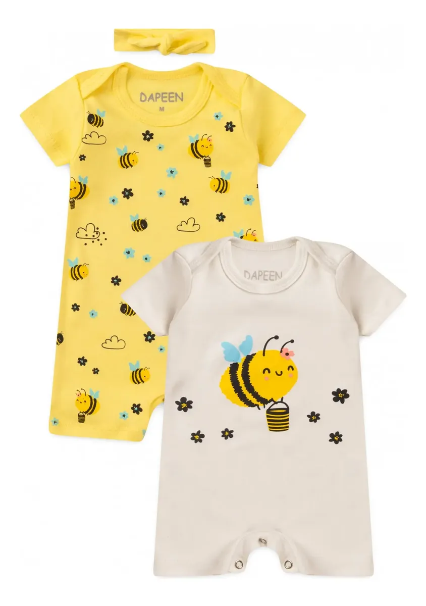Kit Roupa Bebê Menina Rompers Macacão Banho De Sol Abelhas